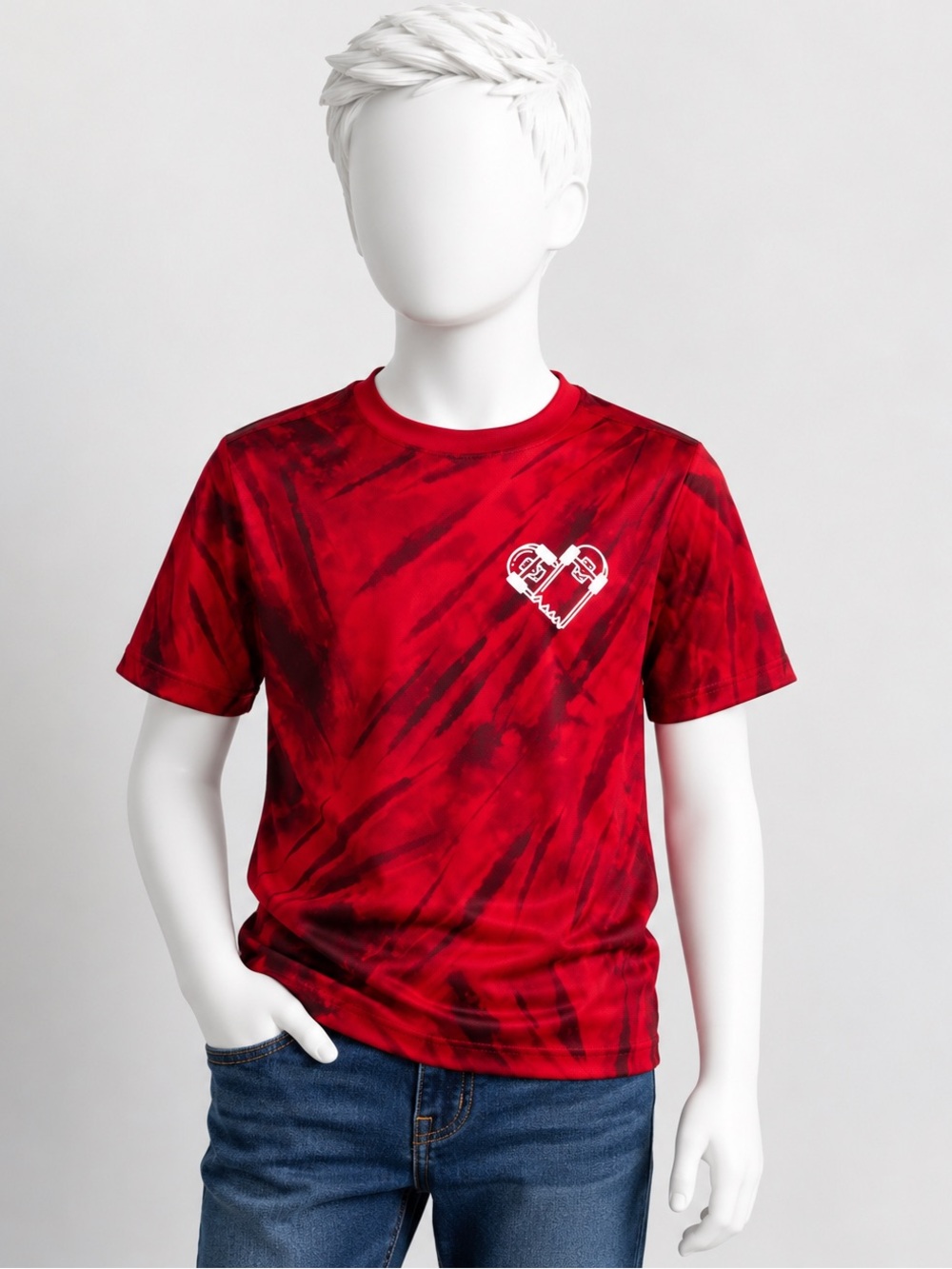 ☀️ Kids Red Tie-Dye Heart Graphic Short Sleeve Tee